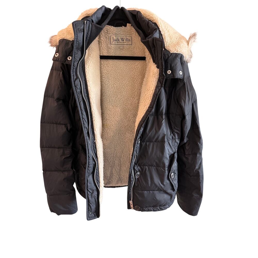 Jack Wills Women's Hooded Puffer Coat with Sherpa Lining and Faux Fur Trim US 12